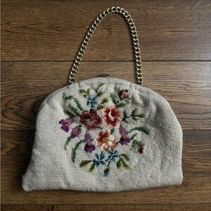 Vintage Floral Needlepoint Cream Handbag Purse Clutch MCM Grannycore